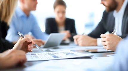 Business meeting with focus on data analysis and teamwork discussions around a table