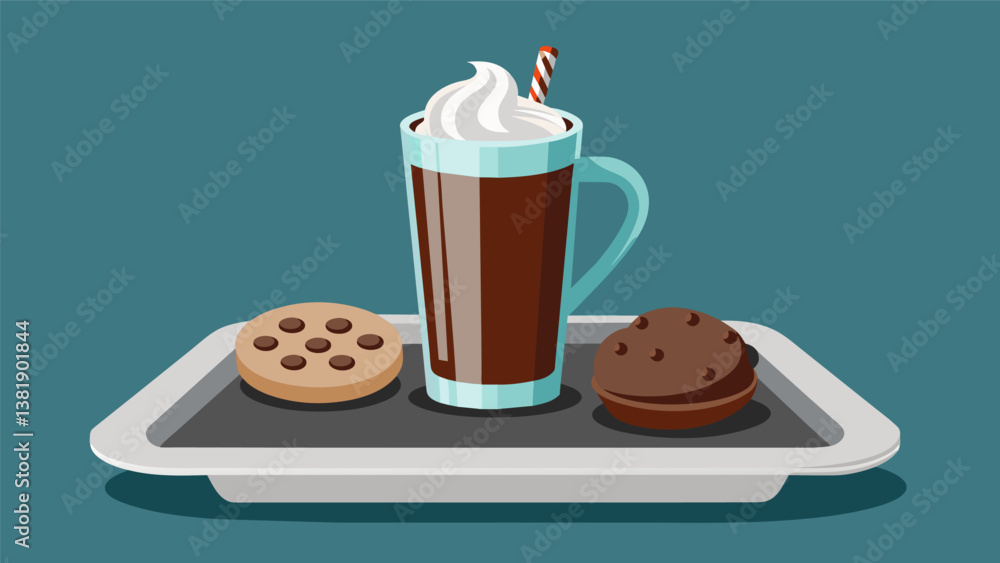 Poster a sleek silver tray showcasing a frothy cup of hot chocolate and an array of gourmet cookies drizzle