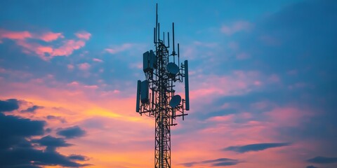 Cell tower silhouette against vibrant sunset sky with colorful clouds