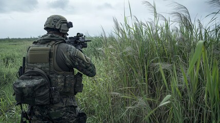 Fototapeta premium Soldier engaging in tactical maneuvers marshland military action outdoor environment side view warfare strategy