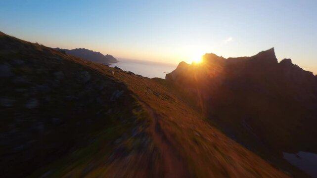 FPV Drohne flying over Mountain Towards Sunset &ndash; Scenic Norway Landscape