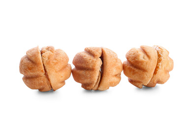 Sweet walnut shaped cookies with boiled condensed milk on white background