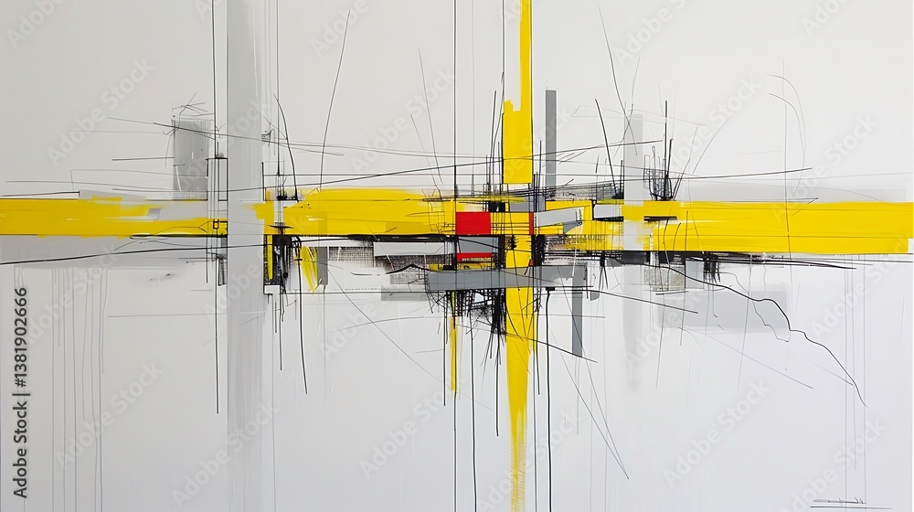 Poster yellow horizontal line intersecting with geometric and abstract lines