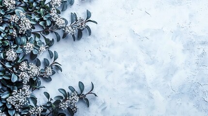 Dark green leaves and white flowers decorate a cool background design