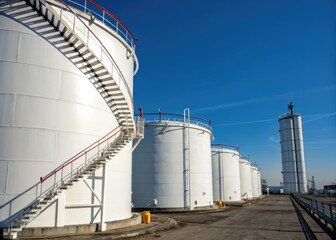 White fuel tank, blue sky backdrop; a spiral staircase climbs, representing industrial energy storage.
