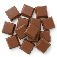Fototapeta premium A scattered arrangement of several square pieces of milk chocolate on a white surface top down view