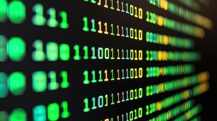 Binary code glows; abstract digital data streams on a dark monitor screen