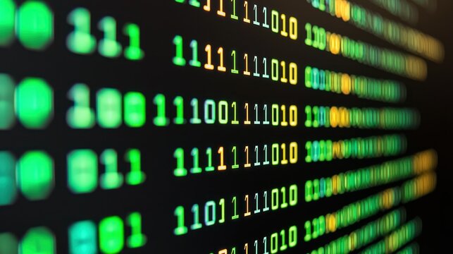 Binary code glows; abstract digital data streams on a dark monitor screen - Powered by Adobe