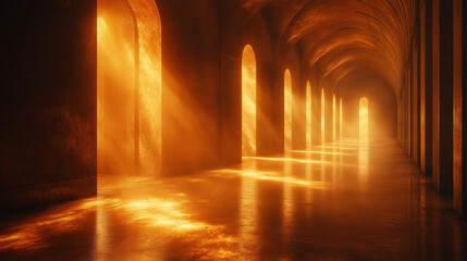  Fantasy Corridor with Glowing Arches and Golden Floor Reflections – Mysterious Orange Light in a Magical Long Hallway with Enchanted Atmosphere and Elegant Architectural Lighting