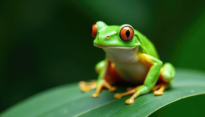 Naklejka premium Green tree frog perched on white, vibrant skin, clean, white