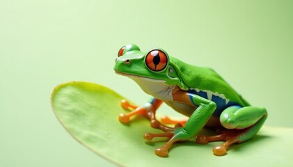 Obraz premium Green tree frog perched on white, vibrant skin details, isolated object, studio shot