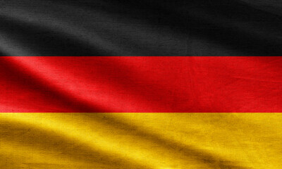 Germany flag waving in the wind with realistic fabric texture, featuring horizontal black, red and gold stripes.