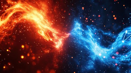 Abstract glowing orange and blue particle waves with dots, stars, and lines. Futuristic digital technology background for banners, posters, or presentations.