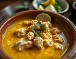 Dumpling Soup in Bowl with Lime and Basil Garnishing
