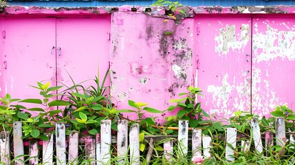 A weathered pink wall with greenery and a white picket fence