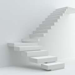 A floating staircase with clean white steps and a metal railing, offering a sleek and modern design