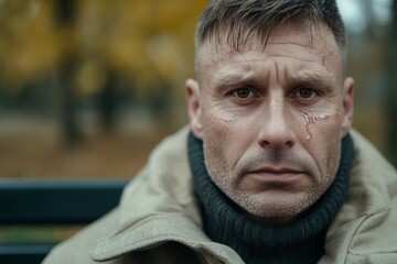 A man with a beard and a beard is sitting on a bench