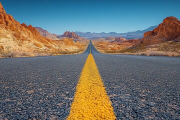 Open desert highway with yellow line leading to distant mountains under clear blue sky