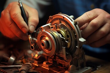 Obraz premium Macro image of a skilled technicians hands performing intricate work on a car transmission.