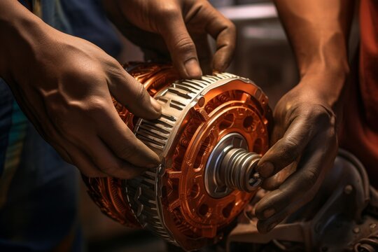 Macro image of a skilled technicians hands performing intricate work on a car transmission.