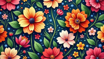 Intricate floral design, repeating seamlessly across a vibrant background , art, textile, pattern