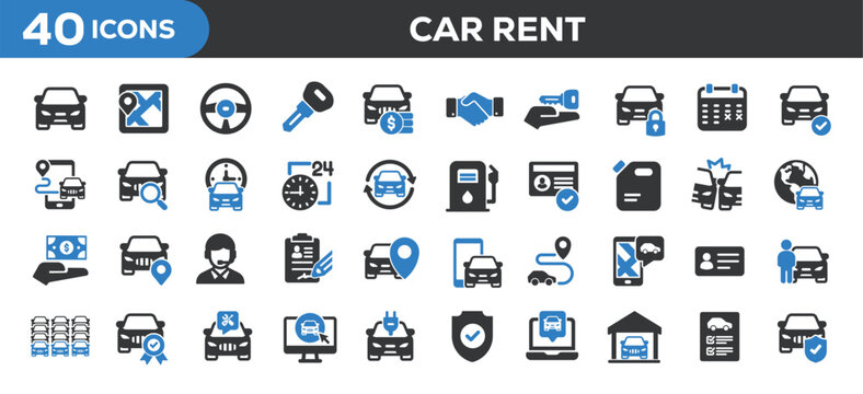 Car rent icons collection. Related car dealer, automobile, rental, booking. Solid colors style icons. Vector illustration isolated on white background