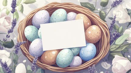 Woven Basket Speckled Easter Eggs Blank Note Floral Spring Holiday