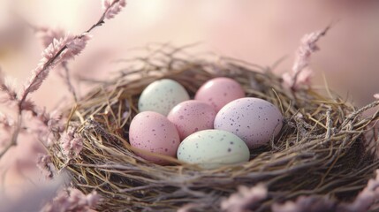 Speckled Pastel Easter Eggs Nestled in Twig Nest with Fluffy Pink Blossoms, Spring Season, Soft Light