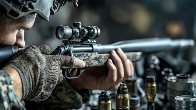 Soldier aiming a firearm military base photography indoor setting close-up view tension and focus