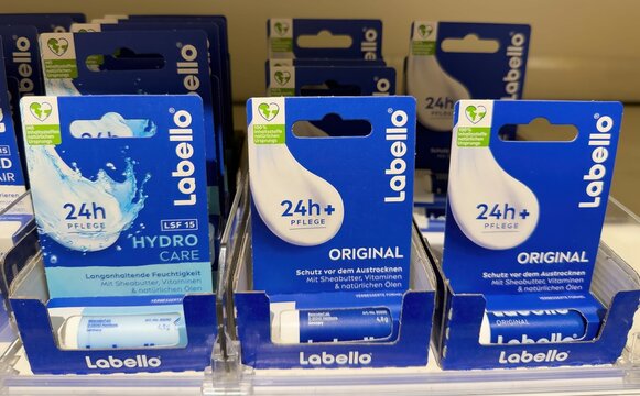 Labello Lip Balm Product Range Display - FRANKFURT, GERMANY - MARCH 21, 2025