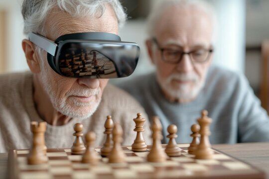 Two older men are playing a game of chess - Powered by Adobe