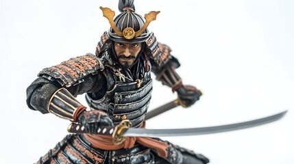 Close-up samurai figurine with dual swords on white. Detailed toy figure, Japanese warrior concept. Martial arts themes.