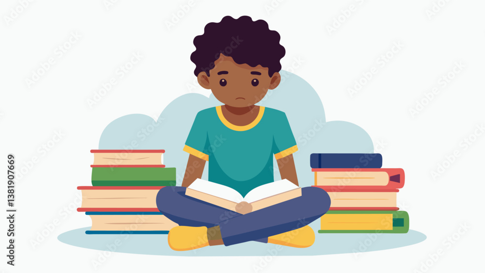 Poster a child sitting on the floor surrounded by piles of textbooks focusing intently on covering them wit