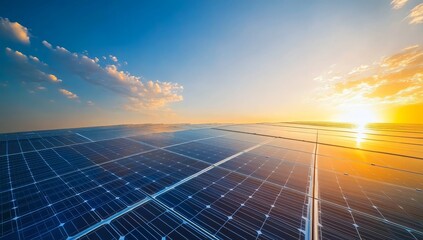 Vast solar panels under bright sunset sky for renewable energy