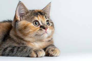Kitten with blue eyes is laying on a white background