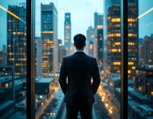 Plakat Looking Out at Cityscape Person Standing at Window Contemplating Future