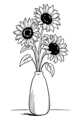 Hand Drawn Sunflower Vase Illustration &ndash; Black and White Floral Line Art with Blooming Sunflowers in a Vase for Coloring Page or Botanical Design