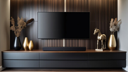 AI Generative. 3d render of blank television, TV panel, credenza design with dark wood background for home theater set up. 45