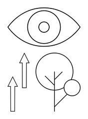 Abstract eye above minimalistic tree and upward arrows. Ideal for growth, vision, sustainability, innovation, observation, development, environment. Flat simple metaphor