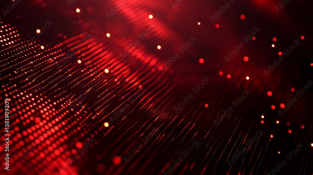 Poster abstract dark red background with dotted patterns and glowing spheres, creating a modern digital fee