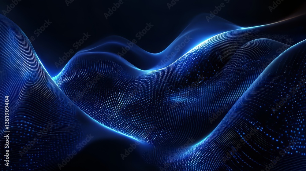 Poster abstract blue waves of digital particles flow gracefully across a dark backdrop creating a mesmerizi