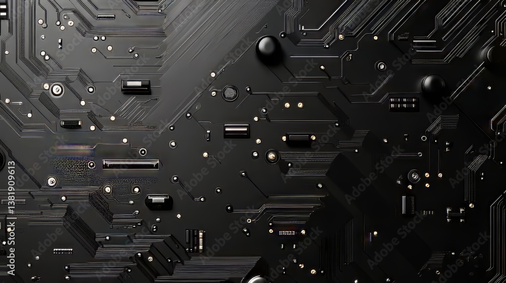 Poster a dark circuit board showcases intricate pathways and electronic components, symbolizing technology.