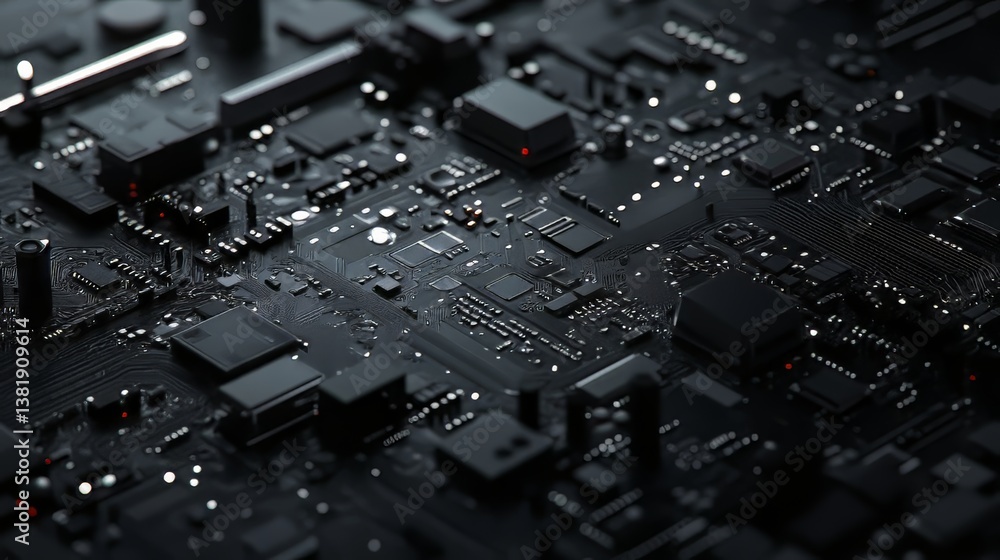 Poster detailed close-up of a dark sophisticated computer circuit board with visible components and connect