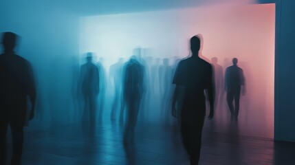 Fototapeta premium Blurred figures walking through a brightly lit doorway with blue and pink lighting, creating a surreal effect.