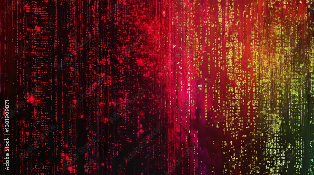 Poster abstract digital matrix with cascading lines of data, vibrant colors, and a technological feel.
