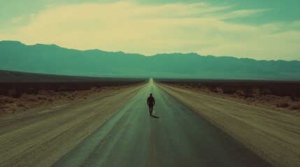Person Walking Down Long Road Towards Mountains in Desert Landscape