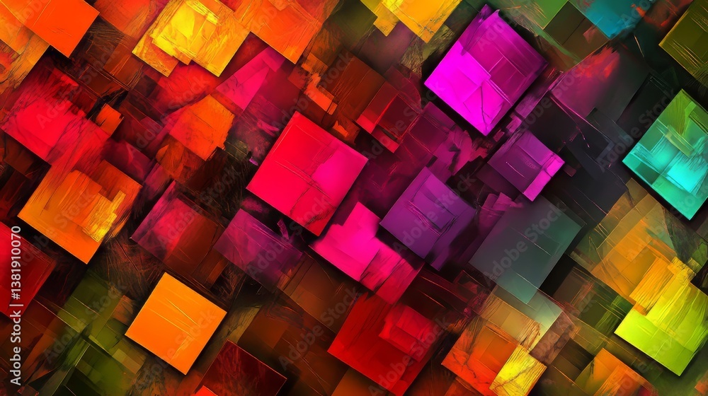 Poster vibrant abstract art featuring layered and overlapping squares in a dynamic composition. bold color 