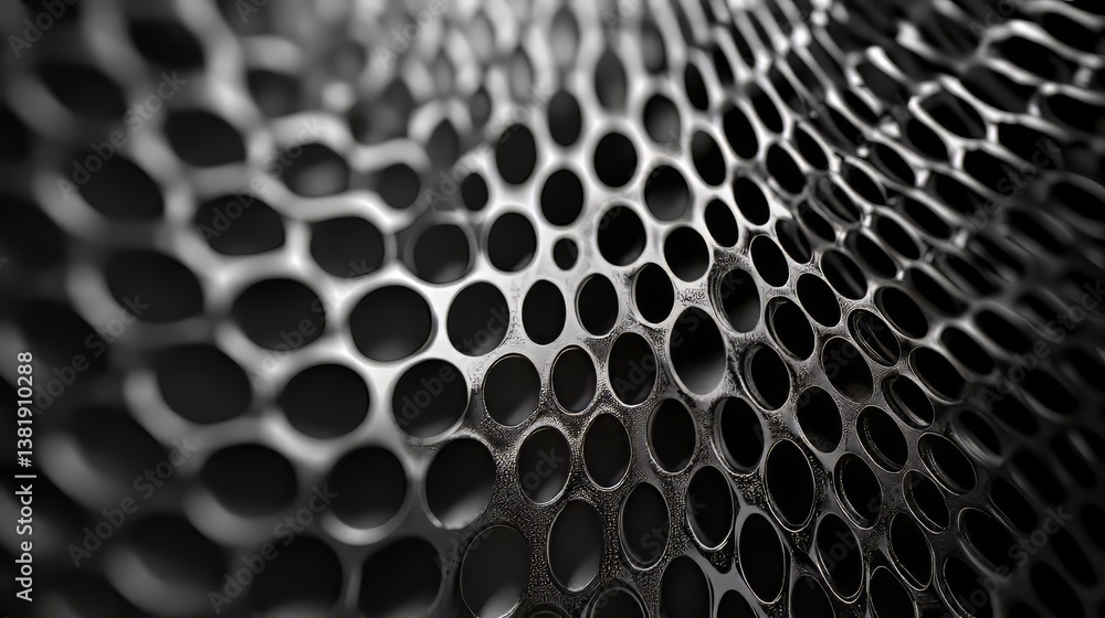 Poster abstract view of metal mesh with circles that form a repeating pattern with dark background.