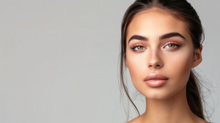 Close-up portrait of a young woman with flawless makeup, defined features, and a direct gaze against a light, neutral background.