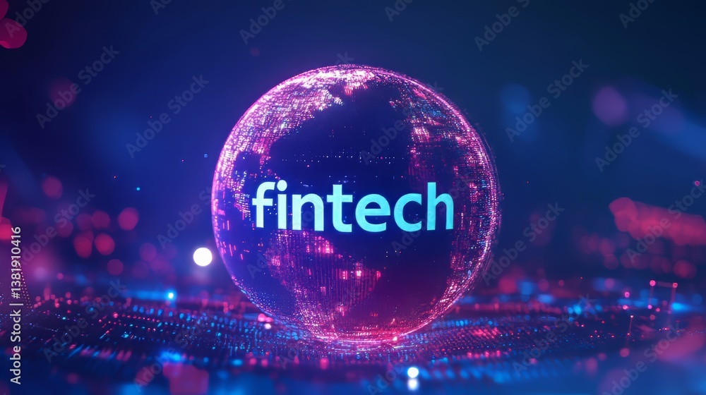 Poster digital globe with financial tech text overlay, representing global finance and modern technology.
